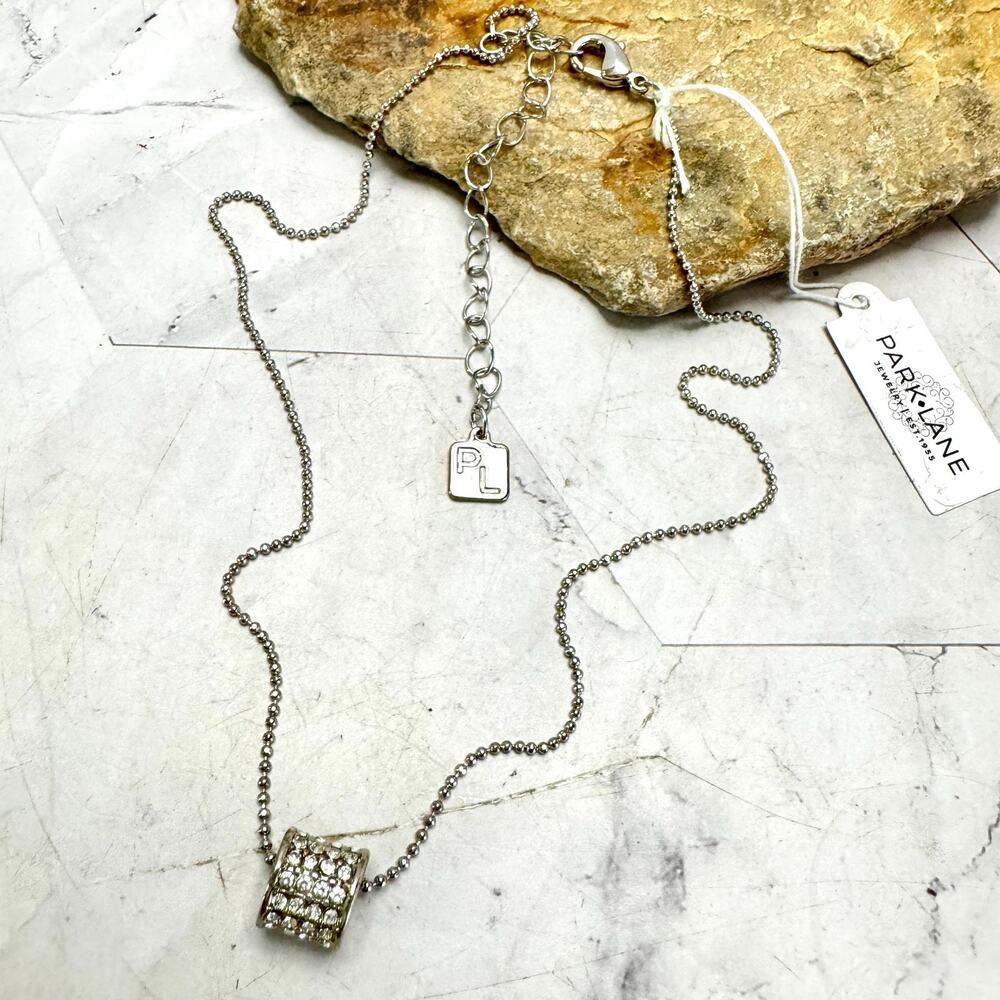 NWT Park Lane Craze Necklace Silver Tone CZ Pave Barrel Pendant Ball Chain 15"